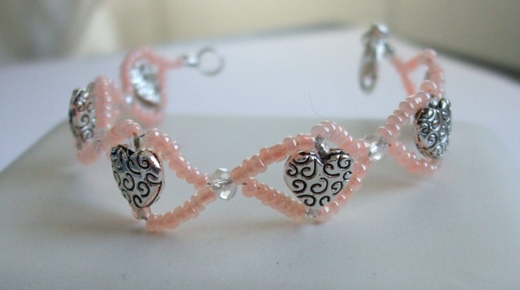 Woven Silver heart Bead with pink czech glass seed bead crystals 17cm