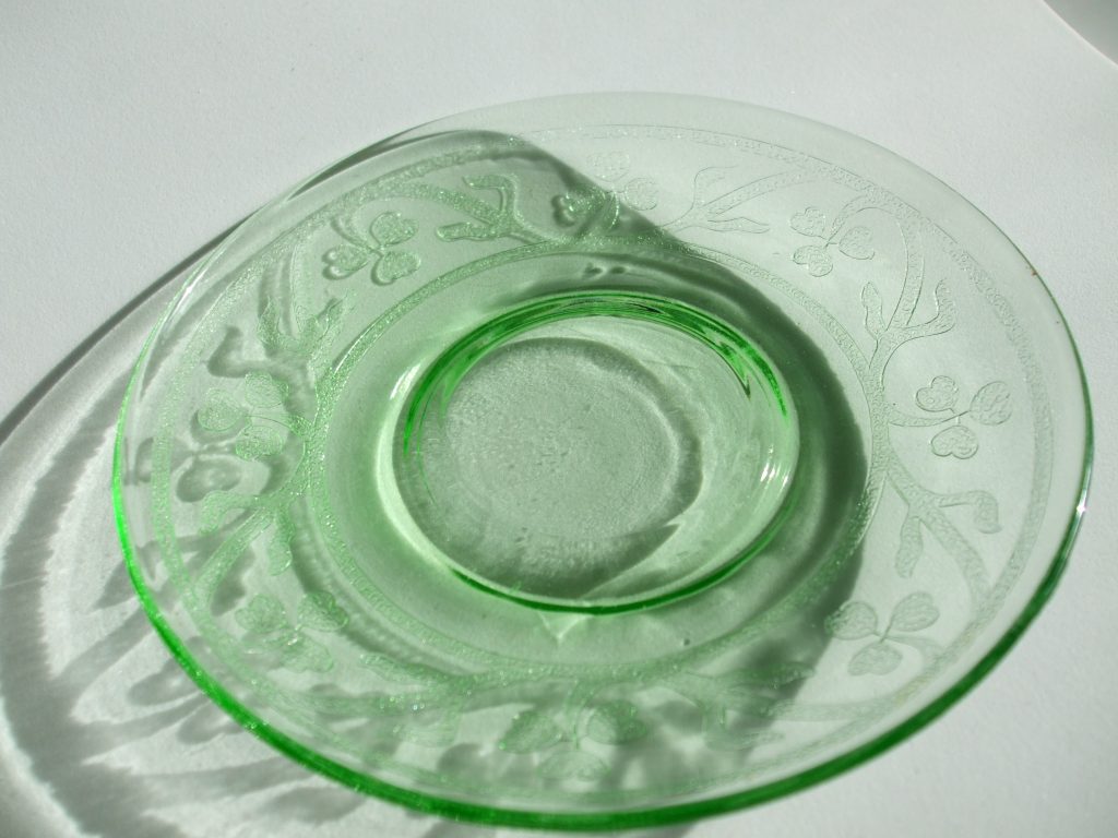 Green Depression Glass teacup & saucer set shamrock clover 